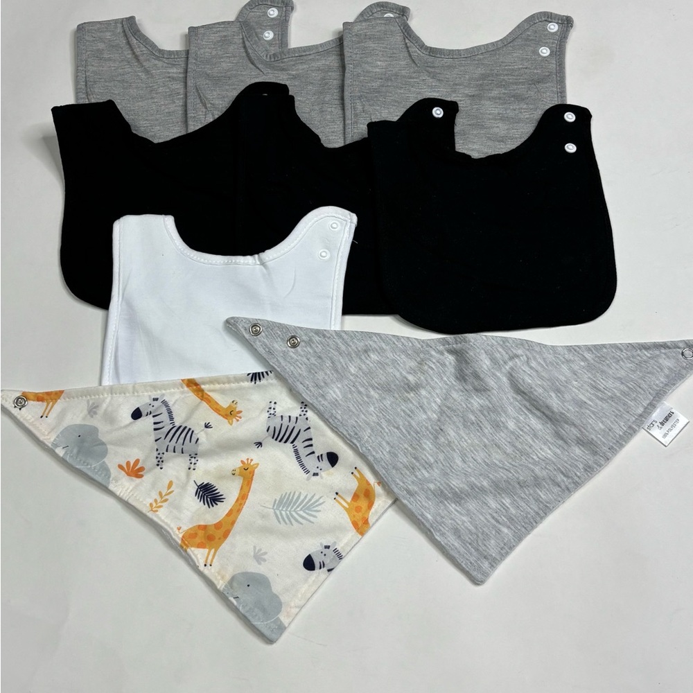 Gray and Black Baby Bib Set of 7 + 2 bandana bibs